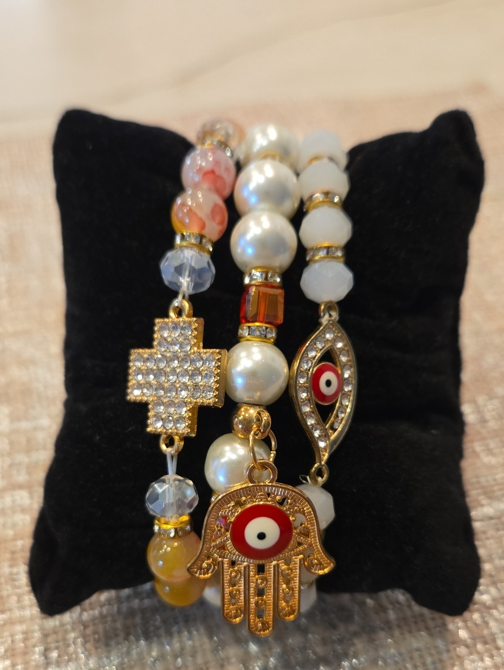 3 Pcs Set Hamsa Charm Red Multi Colors & Gold  Beaded Bracelet Stack New